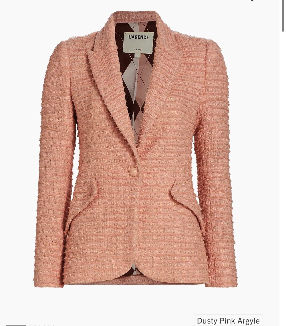 L'AGENCE Women's Dusty Pink Chamberlain Metallic Tweed Blazer Size 2 Ret $840